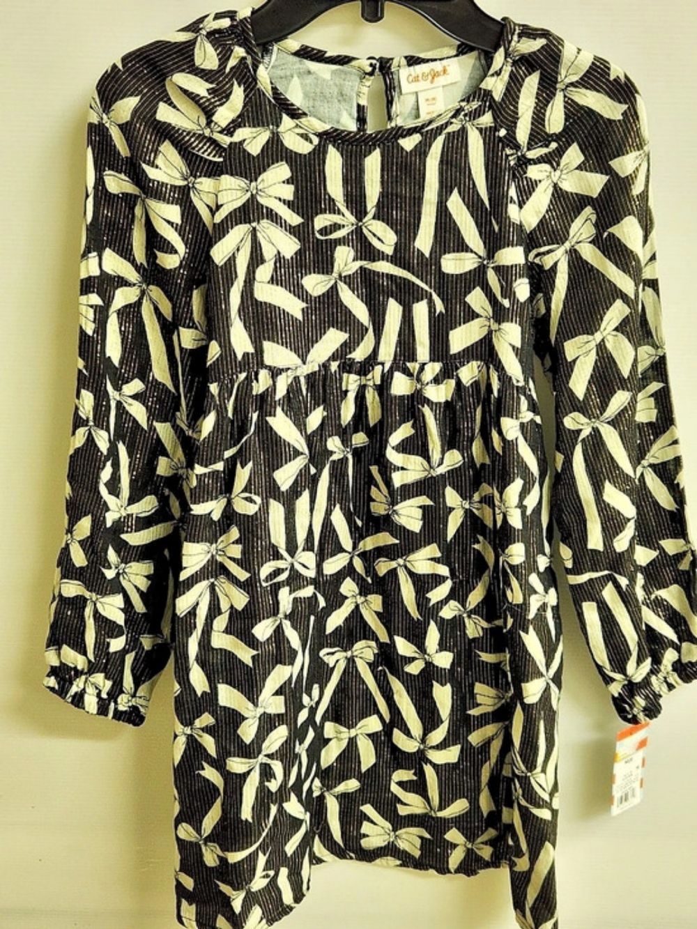 Cat&Jack Floral Long Sleeve Girl's Dress in Black/Cream w/Gold Accent, S-8, NWT
